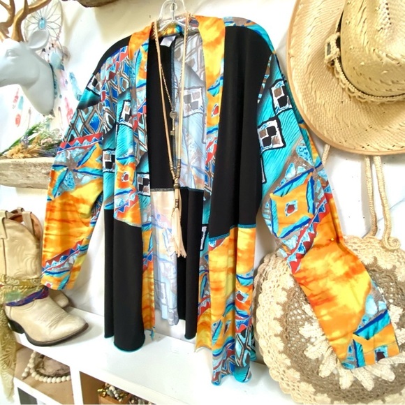 Soft Works Sweaters - Funky patchwork vibe open front boho cardigan w resort vacay feel